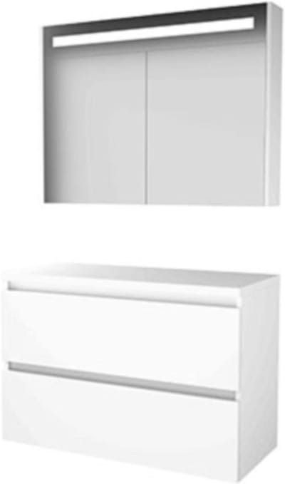 Basic-Line Premium 46 Badkamermeubelset - 100 x 46 cm - Greeploos - 2 Lades - Wastafelblad - Spiegelkast met LED Verlichting - Ice White