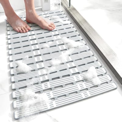 Antislip badmat – Douchemat met zuignappen en afvoergaten – 90 x 40 cm – Badmat – Comfortabel onder de voeten – Sneldrogend – Op maat te knippen – Grijs