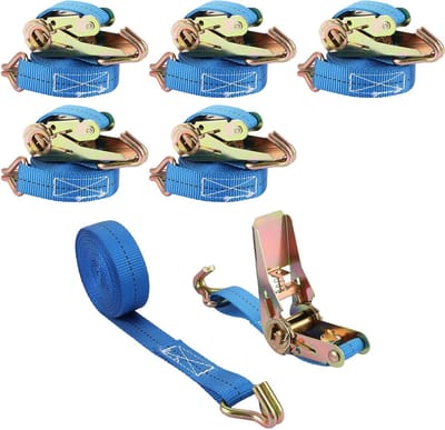 Lashing Straps Set van 6 Stuks, 5m x 25mm Met Ratchet en Haak, 800kg Voor Vrachtwagens en Motoren, Stevige Bevestigingsriemen voor Transport