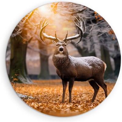 Saammp Muurcirkel Hout - hert in zonsopgang met sneeuw op zich - Natuur - Dieren - Ø 90 - Wandcirkel - Wanddecoratie Cirkel - Muurdecoratie Woonkamer - Slaapkamer decoratie - Rond Schilderij