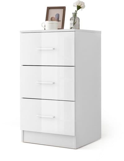 Costway Nachtkastje met 3 laden, hoogglans, nachtkast voor boxspringbed, 37 x 34 x 66,5 cm, wit