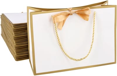 Dailygoods- Geschenkzakken 20 stuks - Goudwitte Papieren Zak - Herbruikbaar - Middelgrote Zak - Met Gouden Lint - Lichtgewicht en Opvouwbaar - Cadeauzakken