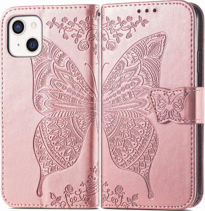 YPCd Bookcase geschikt voor Apple iPhone 14 - Vlinder Design - Portemonnee / Wallet Hoesje - Roze