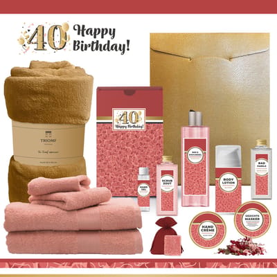 Geschenkset “40 Jaar Happy Birthday!” - 13 producten - 1980 gram | Cadeau Verjaardag - Luxe wellness cadeaubox - Giftset Speciaal voor Haar - Gefeliciteerd - Verjaardag - Cadeaupakket - Gift Set Party - Verjaardagscadeau Goud - Rood