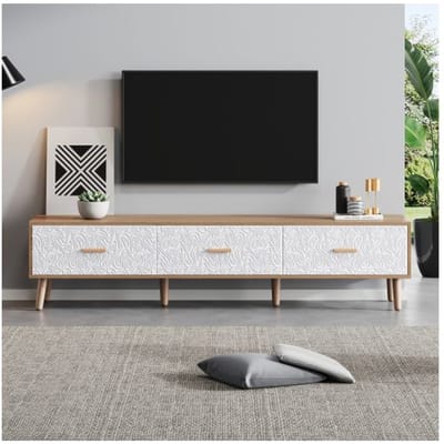 Meuble TV et table TV en bois - Salon Chambre à coucher, couleur bois clair,panneaux de porte blancs texturés vintage.150*35*39 cm