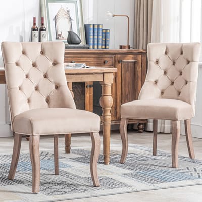 Sweiko Beige Fluweel Hoge Rugleuning Eetkamerstoelen Set van 2, Solid Wood Frame, Knop Quilting Chic Stijl, Stabiele Structuur, Meerdere gebruiksscenario's, Gemakkelijk te bouwen, Ergonomische 4-Legged Stoel