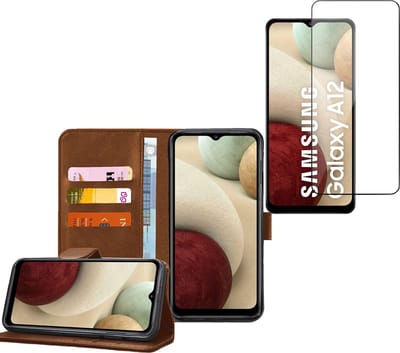 Hoesje geschikt voor Samsung Galaxy A12 - Screenprotector Glas - Book Case Portemonnee Hoesje Bruin