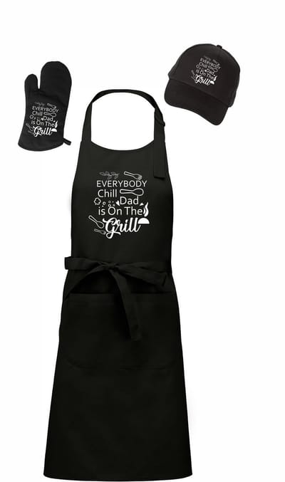 Mijncadeautje - Barbecue Voordeelset - BBQ Schort + BBQ Handschoen + BBQ Cap - Every Body Chill Dad is on the grill - zwart