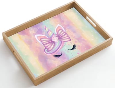 Dienblad hout 50x35 cm - Schootdienblad - Eenhoorn - Glitters - Regenboog - Pastel - Borrelplank rechthoek - Plateau dienbladen