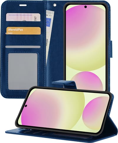 Hoesje - Met Pasjeshouder - Geschikt voor Samsung Galaxy S24 FE - Luxe Bookcase Portemonee - Flip Case - Kunstleer Book Case - Flipcase - Book Cover - Walletcase - Portemonneehoes - Telefoonhoesjes - Donkerblauw