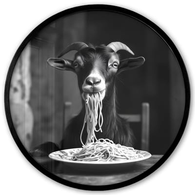 Poster in lijst Rond - Fotolijst 40x40 cm - Posters - Geit - Bord - Spaghetti - Zwart Wit - Ronde posterlijst zwart - Decoratie - Wanddecoratie woonkamer - Muurdecoratie slaapkamer