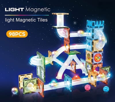 Magnetisch knikkerbaan met Licht – Manga Tiles - Mangnetisch bouwstenen met knikkerbaan - 98-delige - Magnetische Bouwset – Educatief Constructiespeelgoed voor Kinderen