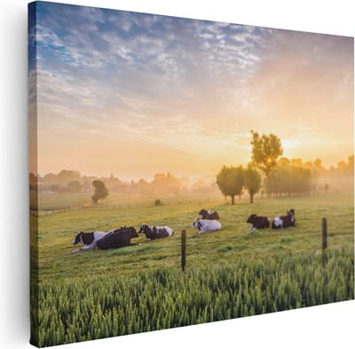 Artaza Canvas Schilderij Landschap - 40x30 cm - Klein - Wanddecoratie Koeien - Muurdecoratie Zonsondergang - Kamer Accessoires Natuur