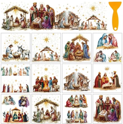Dailygoods- Kerststal Stickers - 12 Vellen - 5,5 x 5,5 cm - Doe-het-zelf Decoratie - Meubel Stickers - School/Kantoor Benodigdheden - Ambachten - Kerstdecoratie