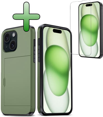 Hoes Geschikt voor iPhone 15 Hoesje Hard Case Met Pas Houder Met Screenprotector - Hoesje Geschikt voor iPhone 15 Hoes Shockproof Hard Cover Met Kaarthouder - Donkergroen