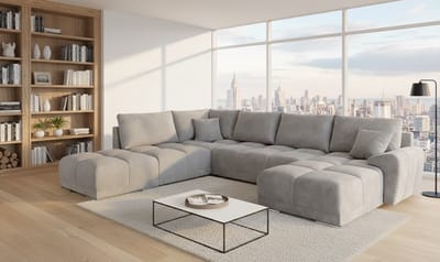 Fluwelen Luxe U-Vorm Hoekbank met Slaapfunctie en Opbergruimte – 365 x 189 cm – Comfortabele 6-Persoons Bank met Uittrekbare Slaapbank en Kussens – Lichtgrijs – House&Garden