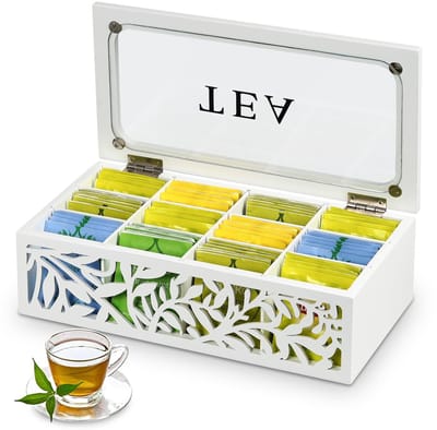 Dailygoods- Theebox 12 vaks - Houten Theedoos - Glazen Deksel - Decoratieve Belettering - Organizer voor Specerijen - Tijdloos Design
