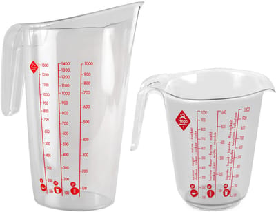 Set van 2x stuks keuken maatbekers - 1 en 1,4 liter inhoud - Afwegen voedsel en ingredienten