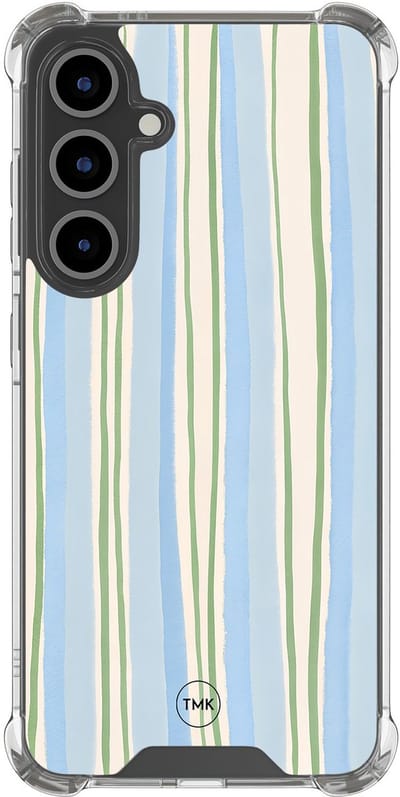 Shockproof hoesje geschikt voor Samsung Galaxy S25 FE - Pastelblauwe strepen - Schokbestendig - Verhoogde randen - TPU case - Extra Sterke Back Cover - Gestreept - Transparant, Blauw