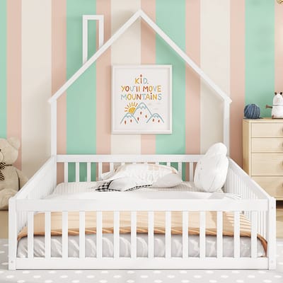 KOMHTOM Kajuitbed Kinderbed 140 x 200 cm hout Lattenbodem Grenen met beschermend hekwerk Wit