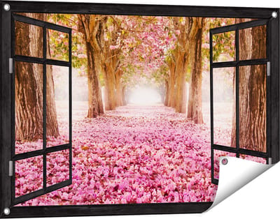 Gards Tuinposter Doorkijk Romantische Bomen Tunnel met Roze Anjers - 90x60 cm - Tuindoek - Tuindecoratie - Wanddecoratie buiten - Tuinschilderij