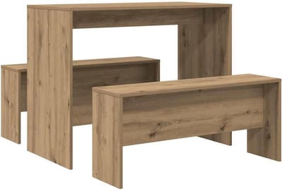 3-delig Eettafel en Bank Set van Bewerkt Hout