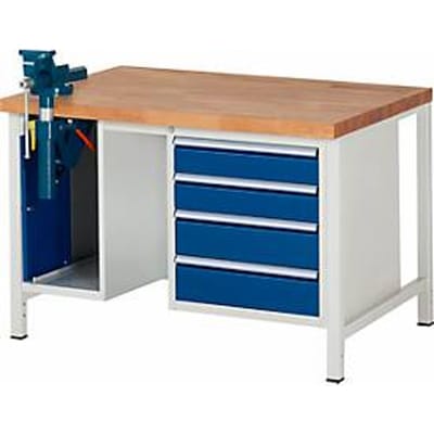 Werkbank model 8185, 4 schuiflades, kast met inschuifdeur, incl. bankschroef, B 1500 x D 700