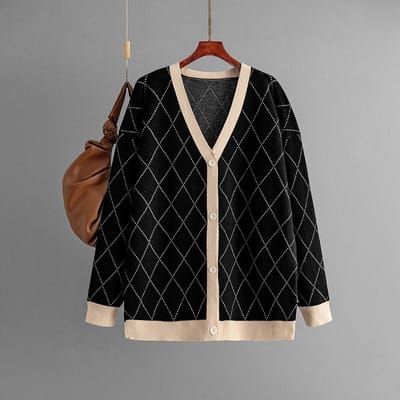 Pull en maille à manches longues pour l'automne et l'hiver, col en V, coupe ample, boutonnage, cardigan à carreaux, veste One size