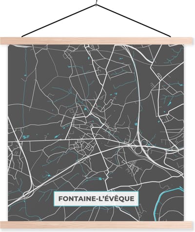 Posterhanger incl. Poster 40x40 cm - Schoolplaat - Stadskaart – Grijs - Kaart – Fontaine l'Évêque– België – Plattegrond - Textielposter - Blanke latten - Stadskaart