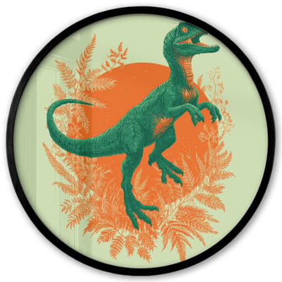 Poster in lijst Rond - Fotolijst 40x40 cm - Posters - Dinosaurus - Groen - Planten - Cirkel - Ronde posterlijst zwart - Decoratie - Wanddecoratie woonkamer - Muurdecoratie slaapkamer