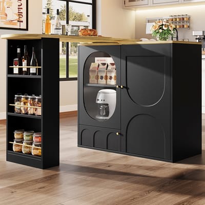 MODENUIT Keukeneiland - Draaibare Bartafel Met 3 Deuren - Voor Keuken - MDF En Metaal - Zwart - 138x39x105 Cm