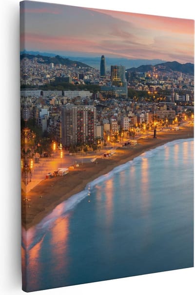 Artaza Canvas Schilderij Stad Aan Zee - 40x50 cm - Wanddecoratie Kust - Muurdecoratie Strand Barcelona - Kamer Accessoires Skyline