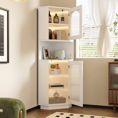 Clruro Badkamerkast - 45 × 45 × 166.5 cm - Hoekkast met Lichtstrip en Verstelbare Planken - Wit