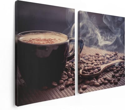 Artaza Canvas Schilderij Tweeluik Hete Koffie Kop Met Koffiebonen - 120x80 - Foto Op Canvas - Canvas Print