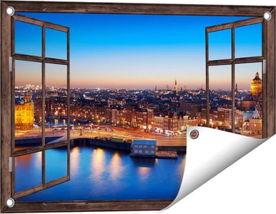 Gards Tuinposter Doorkijk Amsterdam Centrum in de Nacht - 60x40 cm - Tuindoek - Tuindecoratie - Wanddecoratie buiten - Tuinschilderij