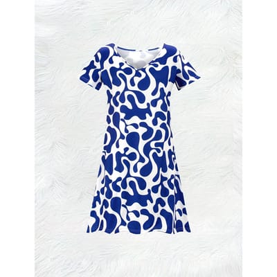 Robe décontractée pour femme à col en V, manches courtes, coupe évasée, imprimé motif feuilles bleues sur fond blanc, robe d'été, nouvelle mode 6XL