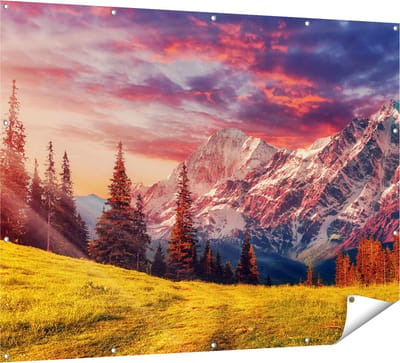 Gards Tuinposter Alpen Landschap met een Kleurrijke Hemel - 160x120 cm - Tuindoek - Tuindecoratie - Wanddecoratie buiten - Tuinschilderij