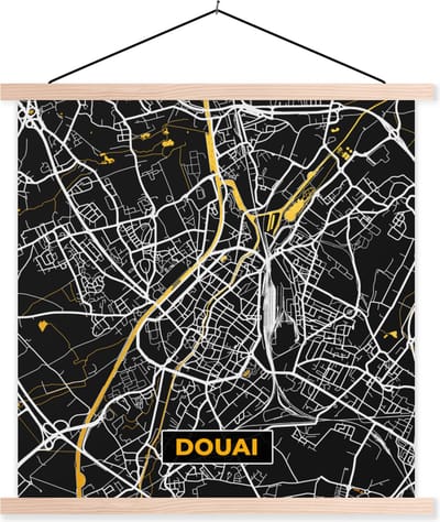 Posterhanger incl. Poster 40x40 cm - Schoolplaat - Douai - Kaart - Stadskaart - Frankrijk - Plattegrond - Textielposter - Blanke latten - Stadskaart