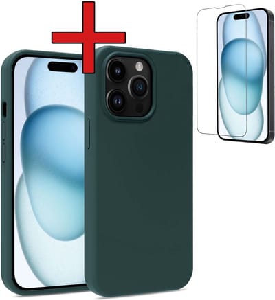 Hoesje - Met Screenprotector - Geschikt voor Apple iPhone 15 Pro - Sterk & Shockproof - Telefoon Hoes - Back Cover - Siliconen Case - Telefoonhoes - Donkergroen