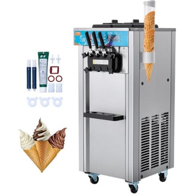 VEVOR Commerciële Softijsmachine, 21-31 l/u output, vrijstaande softijsmachine met 3 smaken, 2 x 5,5 l roestvrijstalen cilinders, LED-paneel, automatische voorkoeling, voor restaurantbars