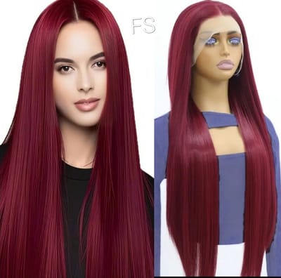 Braziliaanse Remy Pruik steil haar- 28 Inch – 100% Human Hair – Pruiken Dames Lang Haar -Steil – 13x6 Lace Front – Kleur Bordeaux- pruiken-