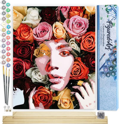 Figured'Art Schilderen op Nummer Volwassenen canvas Rozengezicht - Handwerk acrylverf Kit DIY Compleet - 40x50cm met DIY houten lijst