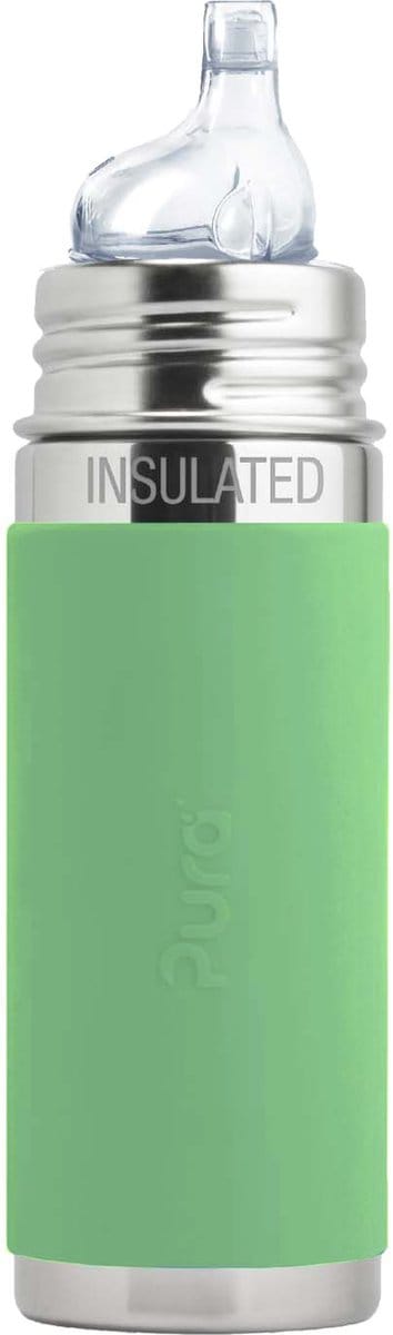 Pura Thermos Tuitfles 260 ml - Thermoskan - Thermosfles - Plasticvrij - Met Isolatiewand - Inclusief Siliconen Tuit, Reisdop en Sleeve - Moss - Groen