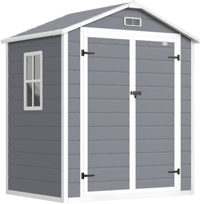 MEUNIQ Gartenschuur 183 x 134 x 210 cm met dubbele deuren, raam, ventilatie, slot en sleutel, aluminium frame en kunststof opbergschuur voor tuin, grijs