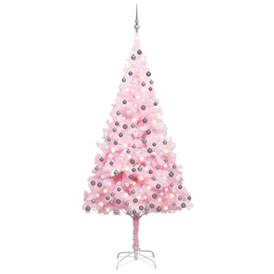 vidaXL - Kunstkerstboom - met - verlichting - en - kerstballen - 210 - cm - PVC - roze