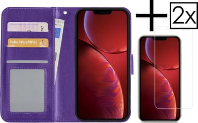 Hoesje - Met 2x Screenprotector - Geschikt voor Apple iPhone 14 Pro - Luxe Pasjeshouder - Bookcase Portemonee - Flip Case - Kunstleer Book Case - Flipcase Hoes - Book Cover - Walletcase - Portemonneehoes - Paars