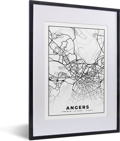 Fotolijst incl. Poster Zwart Wit- Stadskaart - Angers - Plattegrond - Kaart - Frankrijk - Zwart wit - 30x40 cm - Posterlijst
