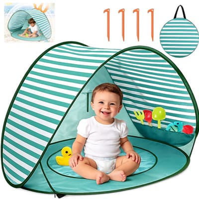 VHV - Strandtent - Babytent - Pop up strandtent - UV-bescherming UPF 50+ - Met zwembadje - Zelfuitvouwbaar - Voor strand en tuin - Met draagtas - 120*80cm - Groen