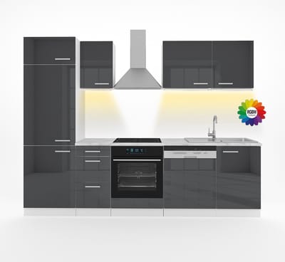 Vicco Optima Complete keukeneenheid – 270 cm zonder werkblad met LED-strip Antraciet hoogglans/wit