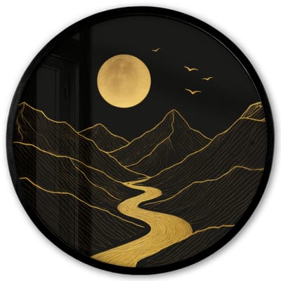 Poster in lijst Rond - Fotolijst 40x40 cm - Posters - Rivier - Goud - Maan - Vogels - Ronde posterlijst zwart - Decoratie - Wanddecoratie woonkamer - Muurdecoratie slaapkamer